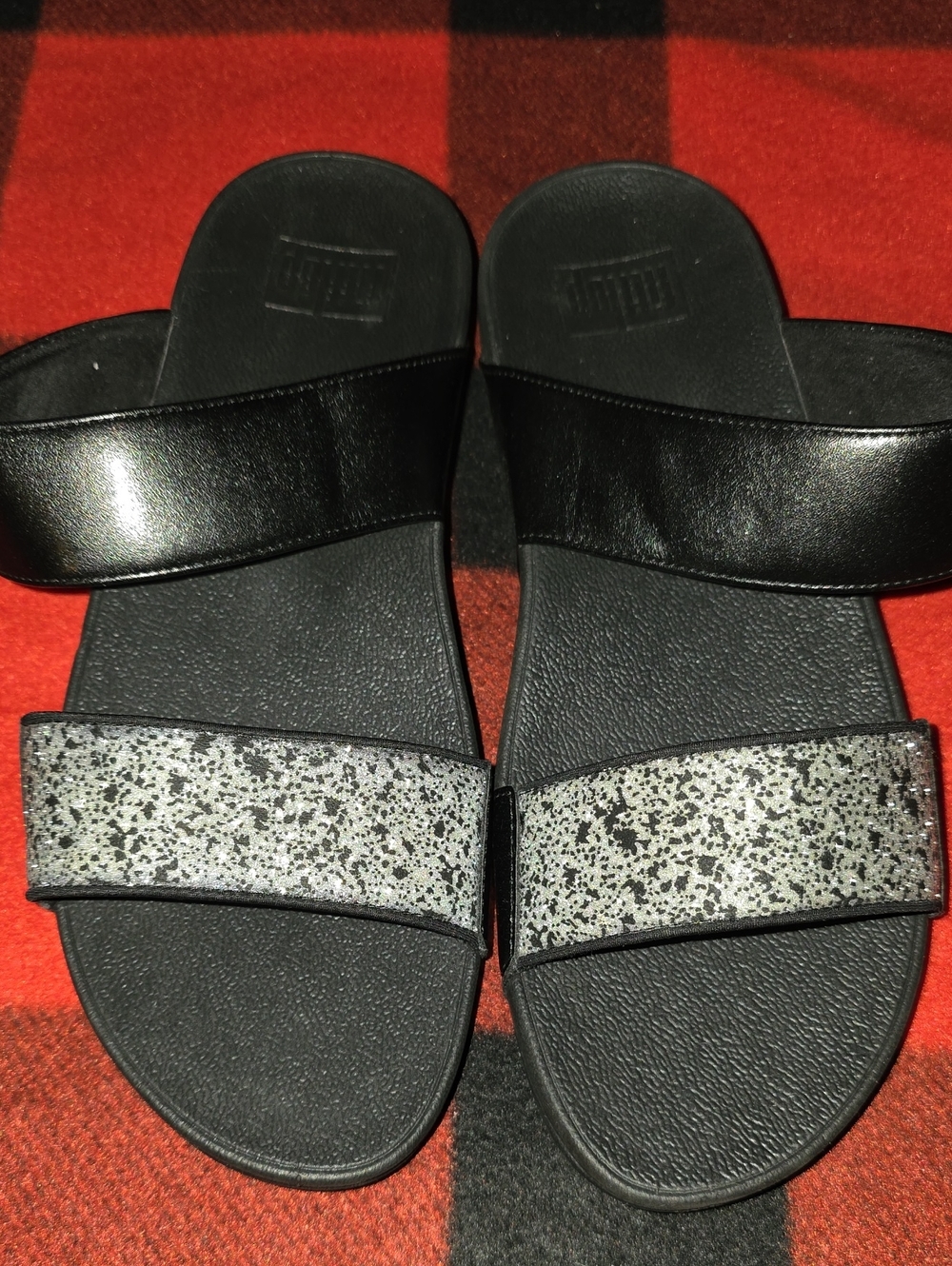 FitFlop Lulu Glitter Splash Slides Black Women’s Size 9